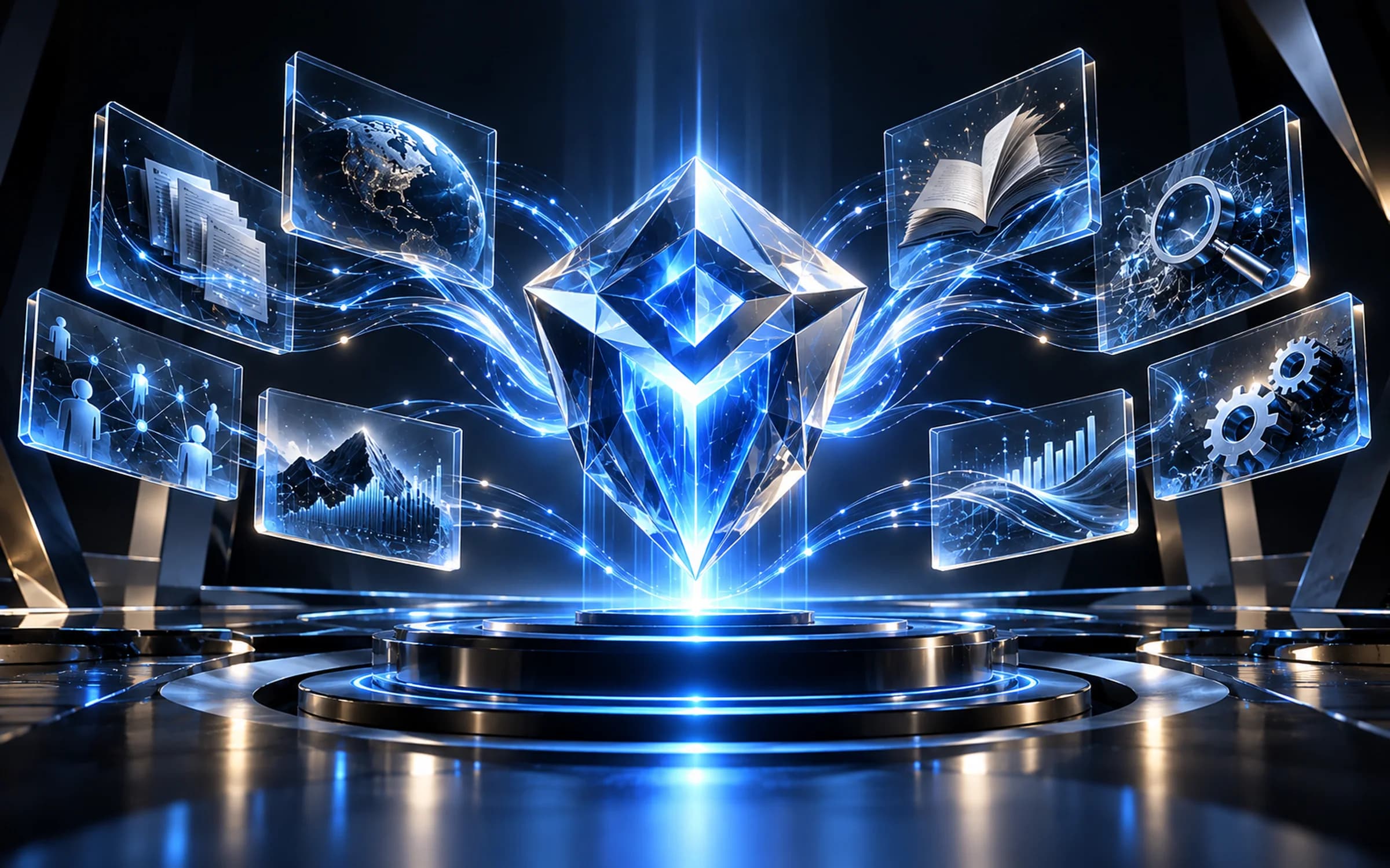 Illustration: a faceted crystal on a lit plinth, drawing streams of light from floating glass panels of documents, data, research and tools