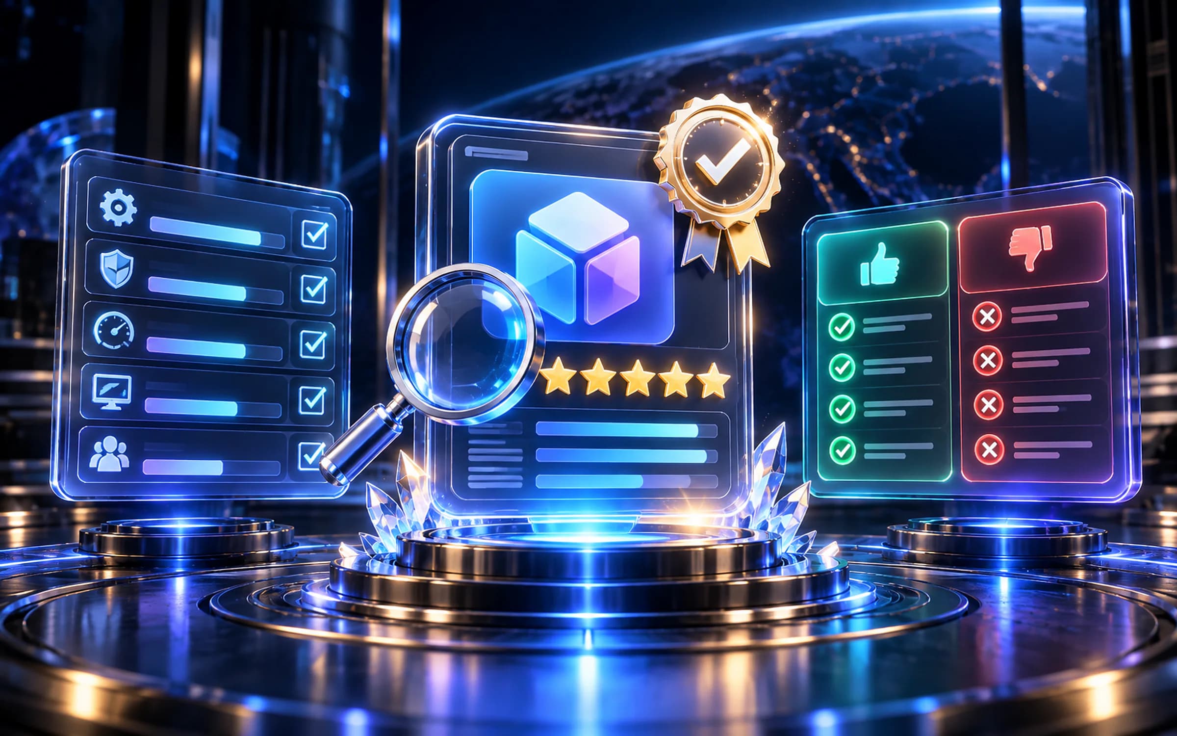 Illustration: a software evaluation stage with a criteria checklist, a product panel under a magnifier with a verification seal, and a pros and cons panel