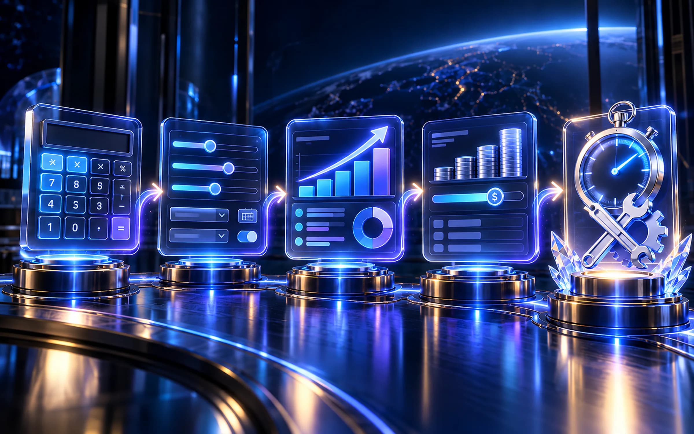 Illustration: a row of glass utility panels on lit plinths: a calculator, input sliders, a results chart, a cost panel and a tools emblem