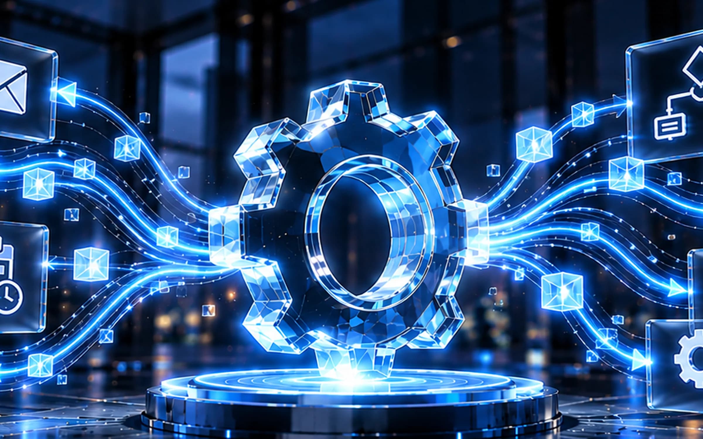 Illustration: a faceted crystal gear on a lit plinth, with streams of blue light carrying glowing cubes between floating glass workflow panels